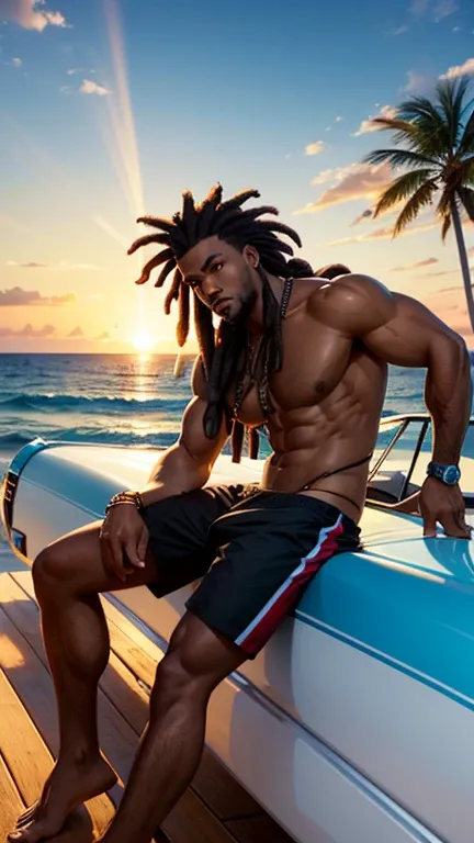 photorealistic artwork. Show a muscular black man with colorful dreads, clad in stylish swimming trunks. The background features an ocean pier with sunlight reflecting on the water, creating a lively beach atmosphere filled with energy and warmth.     lean...