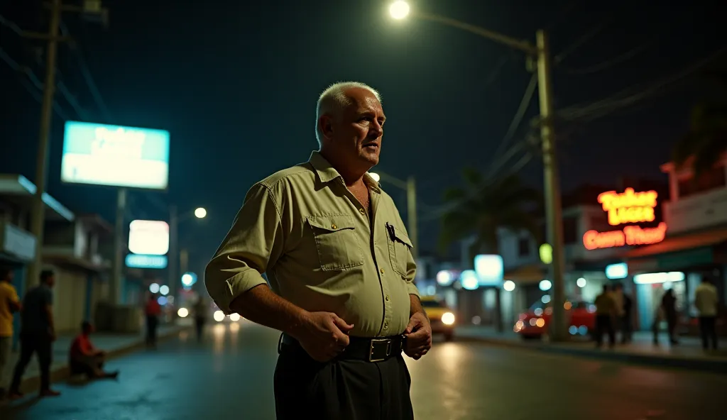 A big potbellied white man, Patrick Shaw, stands under the dim glow of a flickering streetlamp in 1980s Nairobi, adjusting his high-waisted trousers with a deliberate motion. As he pulls them up, the fabric shifts, revealing the handle of a holstered pisto...