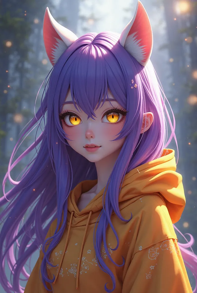 A woman with long purple hair, yellow eyes, white horns, wearing a colored hoodie and cat ears Anime .