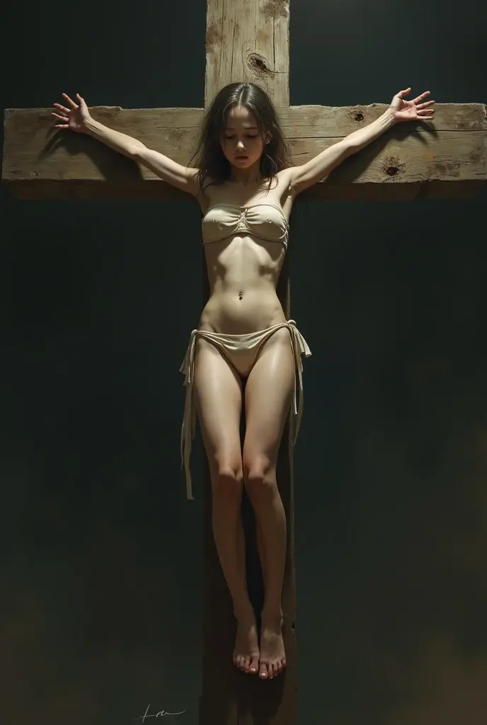 A woman who is suspended from dark lines in the pose of Jesus of the Cross