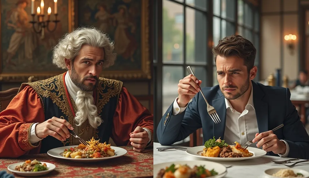 : "A funny side-by-side comparison: A bewildered medieval nobleman who refused to use a fork vs.. a modern person who eats comfortably with a fork in the present day." realistic