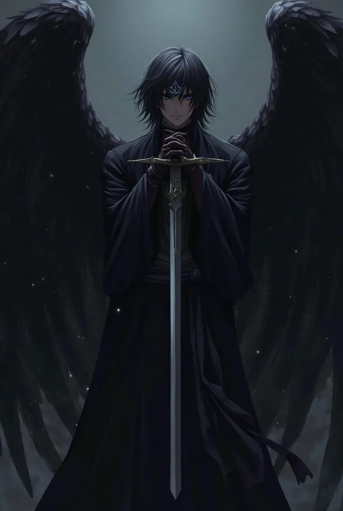 Create male fallen angel with dark huge wings and dark medium hair, silver small crown on hair. He have long magic silver sword and he is in dark dimension. Dark and mysterious picture. His face is covered in shadow not showing his face. Anime styled.