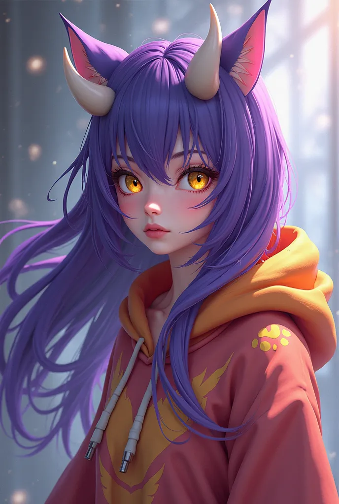 A woman with long purple hair, yellow eyes, white horns, wearing a colored hoodie and cat ears Anime .