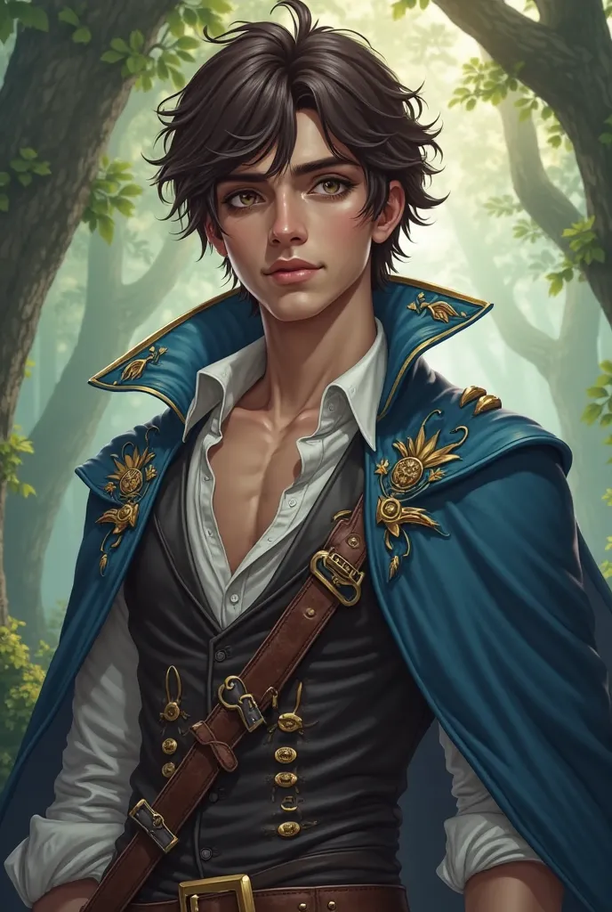 Character from League of Legends. He is a young man with an attractive and mysterious appearance.  She has wavy hair ,  of a dark brown shade , with slightly disheveled locks that frame his face.  His eyes are intense and expressive , with a shine that den...