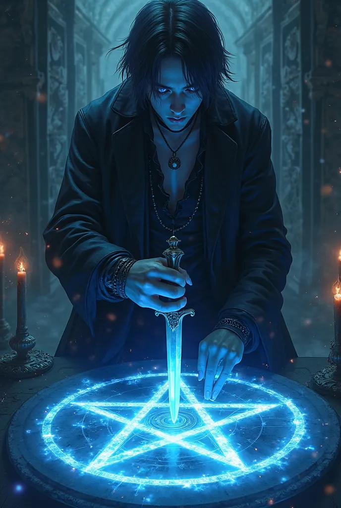 A young Gothic man with his eyes flashing violet traces a blue pentagram with a dagger 