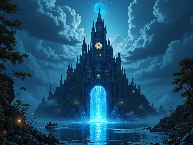  masterpiece, High quality, A close-up of a fantastic island with a clock tower, portail  lumineux, very bright, bright blue light, fantasy digital art, esprits sortant du portail, Magical portal to another world, Portal to the Ethereal Kingdom, fantasy di...