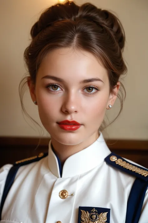 A realistic brunette 22 year old polish 1940's girl is wearing red lipstick aswell,having white skin and a traditional uniform.