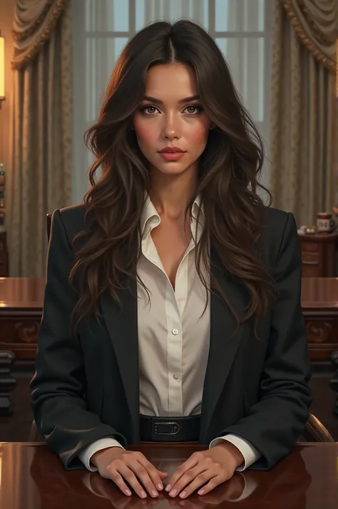 a pretty girl; sitting in the private room of a CEO, with the name of the desk: Fatonah. The beautiful girl looks realistic with long hair covering her shoulders: wearing a white shirt and a black blazer. Staring forward with a smile. 