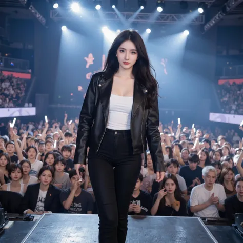 A young Korean idol stands on a grand stage during a live concert, singing with pure joy and energy. She wears black denim jeans, a white camisole, and a sleek black leather jacket, creating a stylish and edgy look. Her long black hair flows freely as she ...