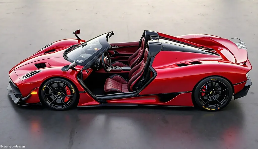 2025 Pagani zonda HP barchetta in Red vibrant color Inside view of the car’s premium leather seats, custom dashboard, and high-tech infotainment system