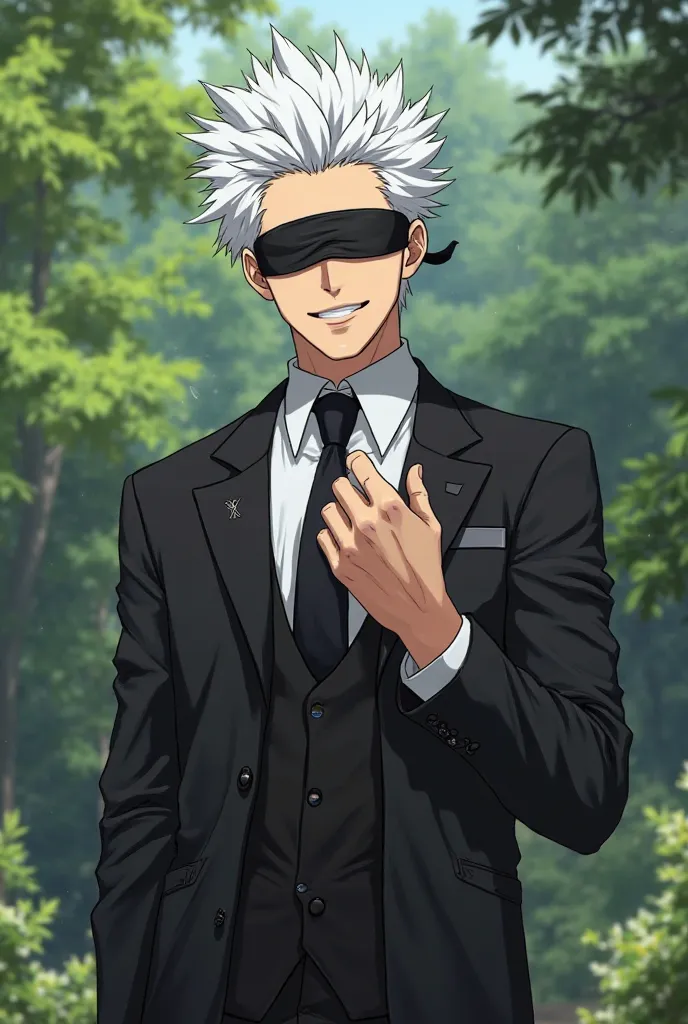 Gojo Satoru, in a garden. He his blindfold on, he's wearing a black formal suit. He's happy. Jujutsu kaisen art style. Gojo satoru. A tall man with white hair. Lean muscular. He has a wedding ring on his left finger 