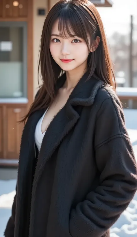 (a state where the face is accurately positioned in the center of the image: 1.5), (upper breast: 1.5), (fully reflects the entire head: 1.5), (Face clearly visible: 1.2)、 (black fur coat : 1.4), (A clear day with powdery snow : 1.5), long hair、bangs, smil...