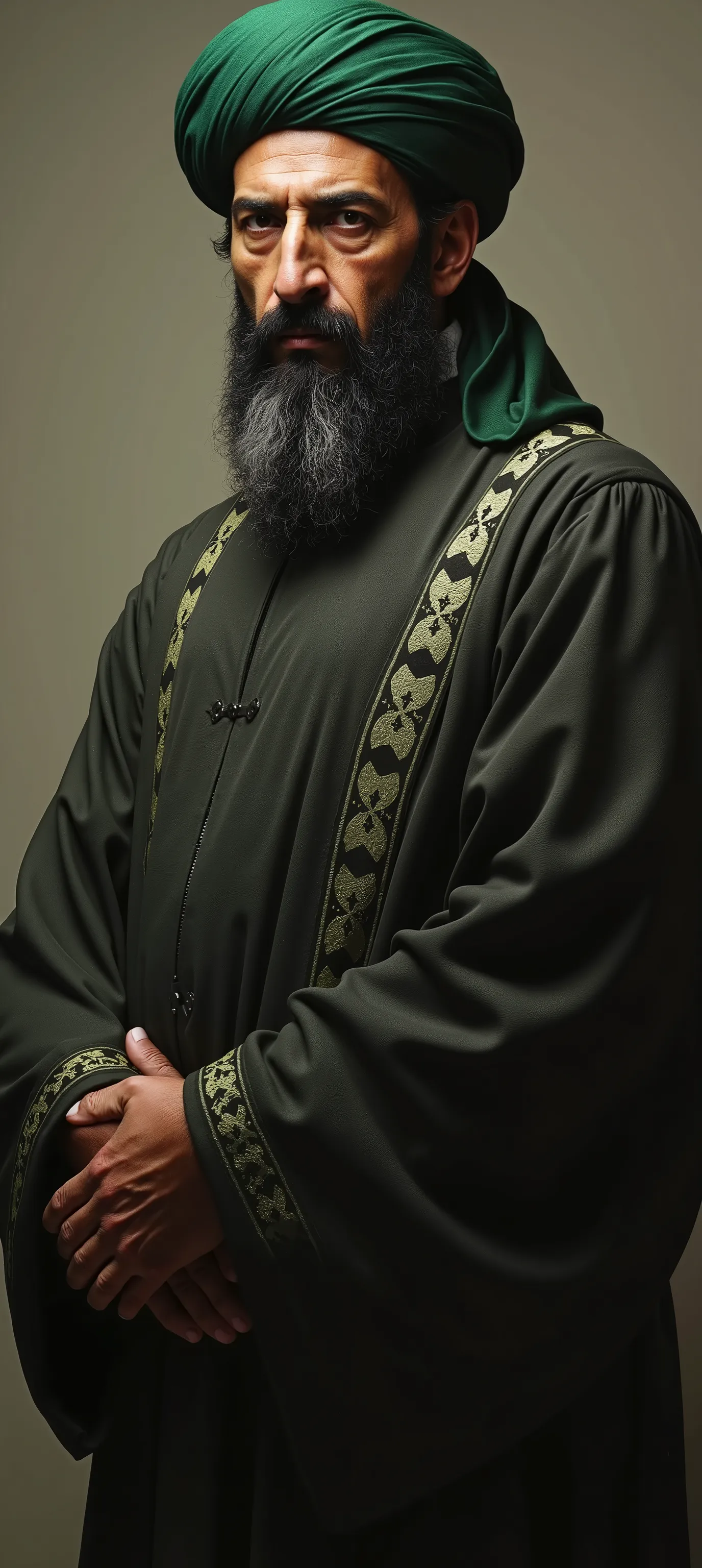 Make him wear the imams' dress with a green turban, make his eyes wider, his height taller, his shoulders wider, and his face of Lebanese and Hashemite origins, and similar to imam ali.