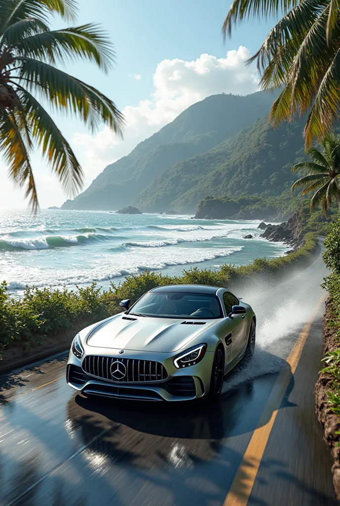 A Mercedes car running on a highway beside a sea coastal road with waves splashing and coconut tree