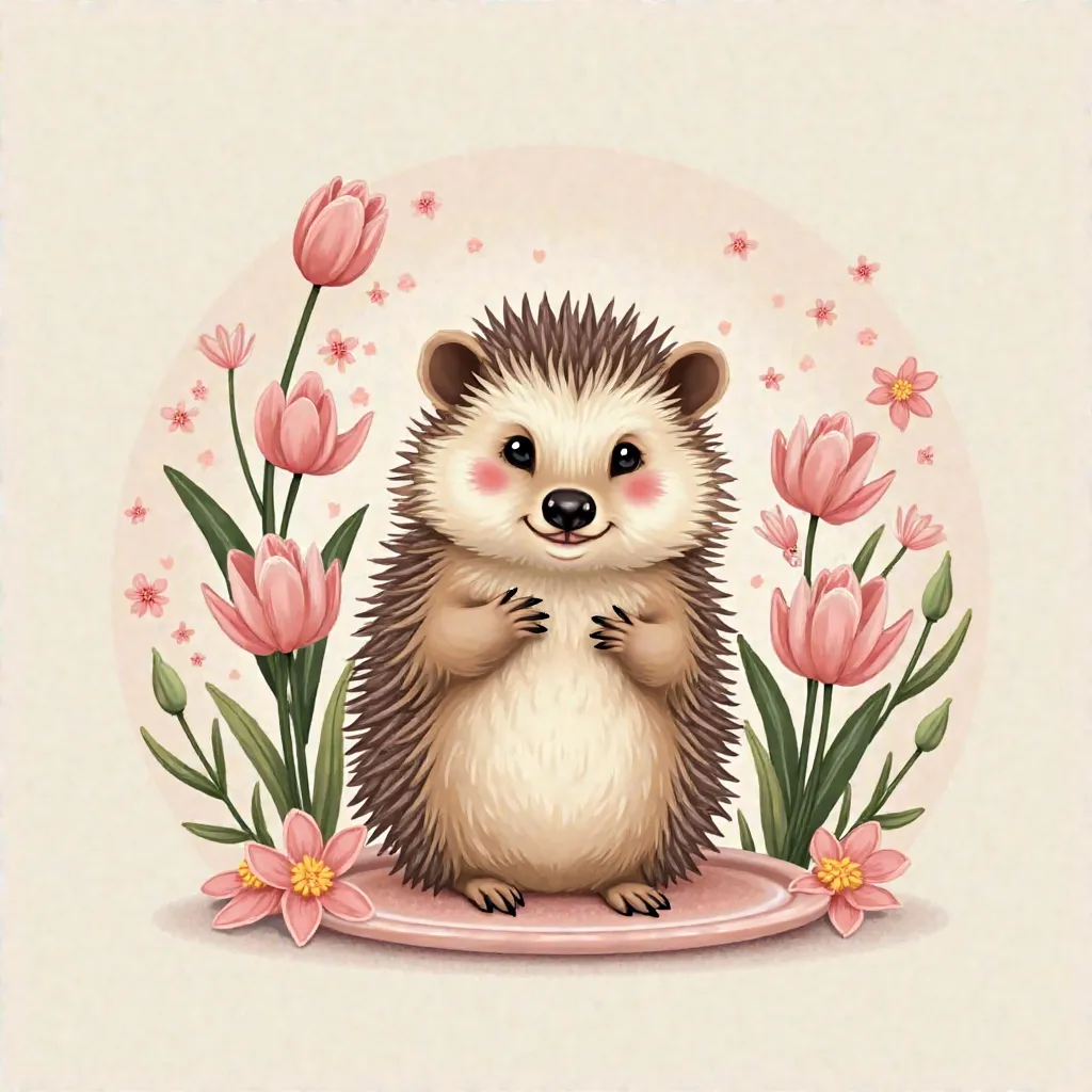 Create an illustration STRICTLY ceramic STRICTLY square coaster for a mug with a cute hedgehog (directly to the camera, in different variations of illustrative-ARTISTIC styles) with a bouquet of tulips, among blooming sakura. ON A PASTEL BACKGROUND