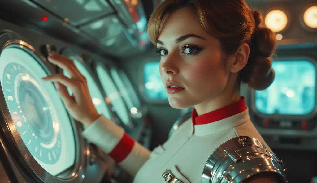 A mid-shot of a stylish stewardess touching a glowing, holographic control panel beside the passenger bridge. Her uniform features chrome shoulder accents and an elegant high collar. The soft cinematic lighting casts a nostalgic, dreamlike glow, emphasizin...