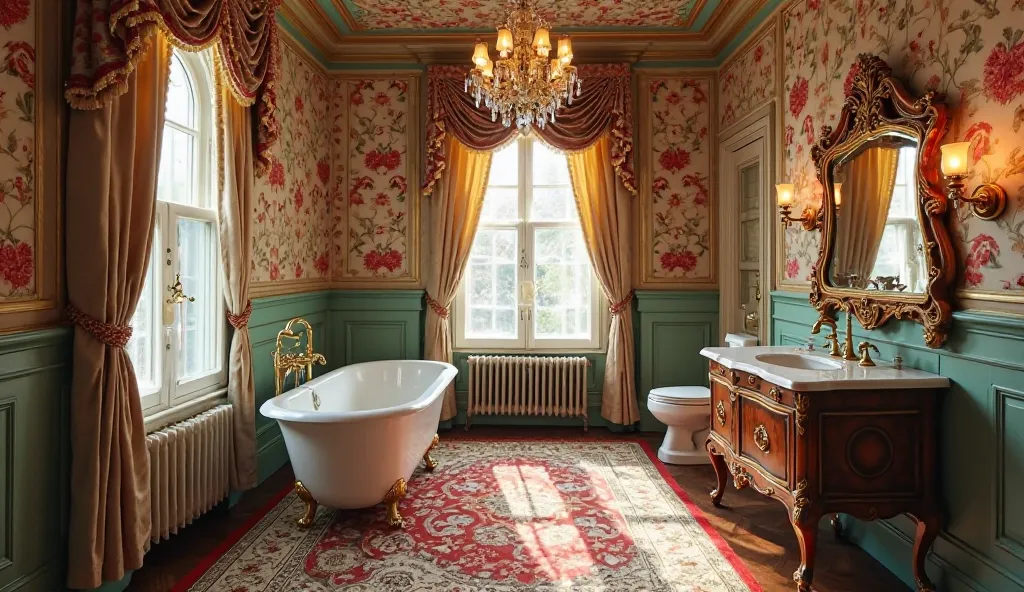 The scene presents a luxurious vintage bathroom characterized by floral wallpaper and intricate golden moldings. A white freestanding bathtub rests on a beautifully patterned rug, while an ornate wooden vanity with mirrors reflects the lavish decor. Warm l...