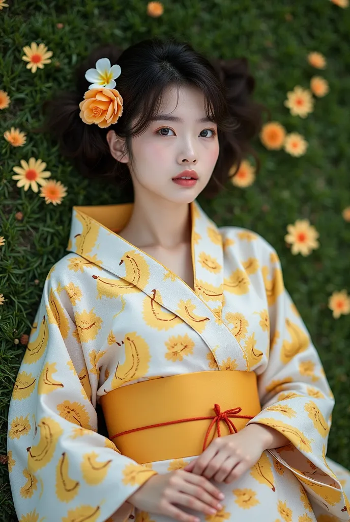 realistic photo, Laying in diagonal pattern,  Whole Body, excellent performance, (Best Quality), 8k,(((very fine))), :1.8, Very complex pattern, Colorful pattern, (banana floral kimono Beautiful and cute wood:1.5), (shoulders popping out:1.3), Japanese Kim...