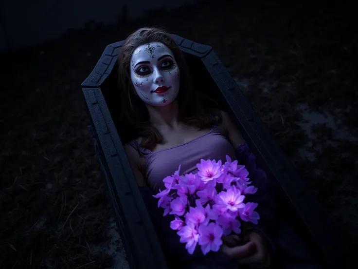 Pretty girl in the cemetery, wearing a white wooden mask masked all over the face, Beautiful Thai mask, Lie straight in the morgue, Glowing purple flowers in a coffin, black background, images, Masterpiece, movies, clear details, 8K resolution,  top view .