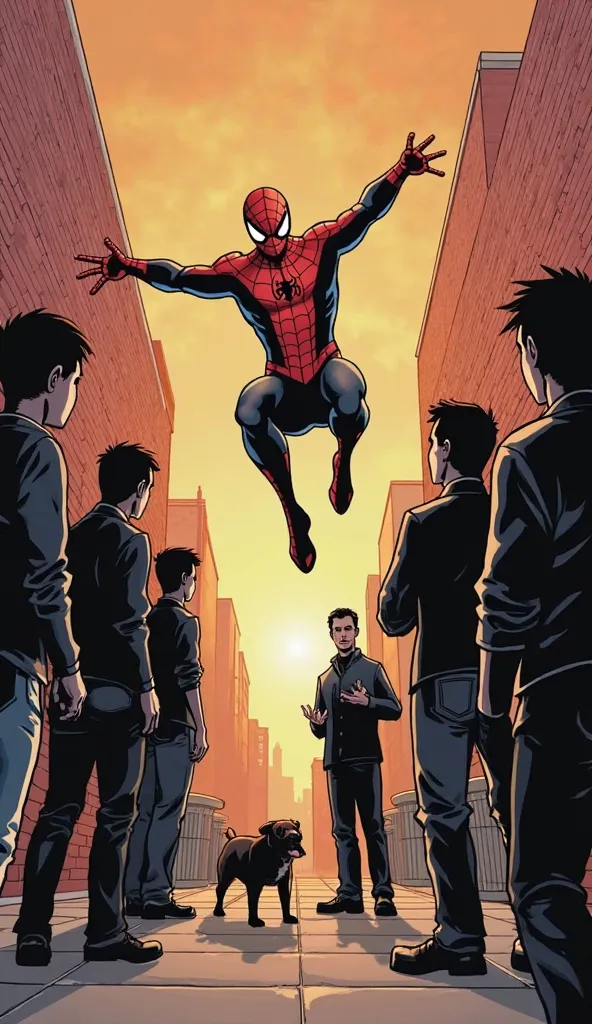 Spider-Man Confronts the s

"Spider-Man lands in an alley at sunset, standing between a group of s and a small, injured stray dog. The s look shocked and scared. The alley has brick walls and trash cans."