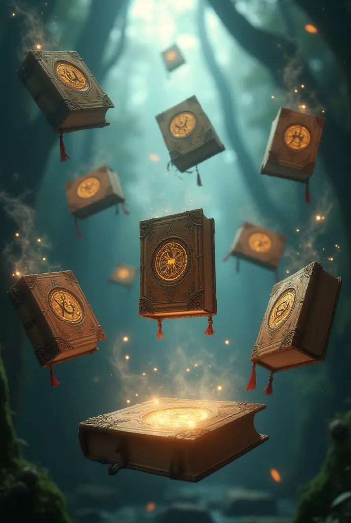 Nine magical books floating