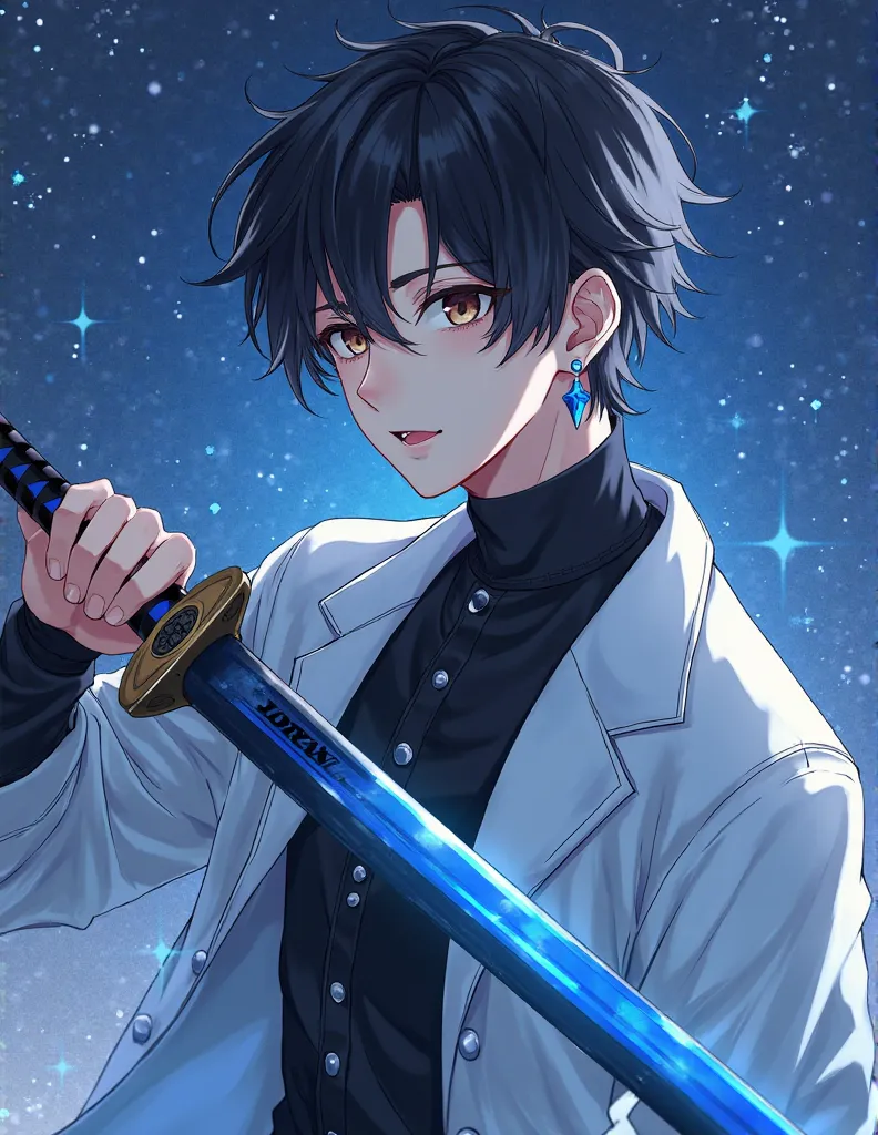  youth,handsome, fresh , black hair,brown eyes,Sugar face ,Baby Face,swordsman,has a jet black sword,black shirt,western style white coat(The blue line), blue earrings, Godley, Japanese illustration style, anime, Godley, 最強のswordsman,Wear a blue aura,Starr...