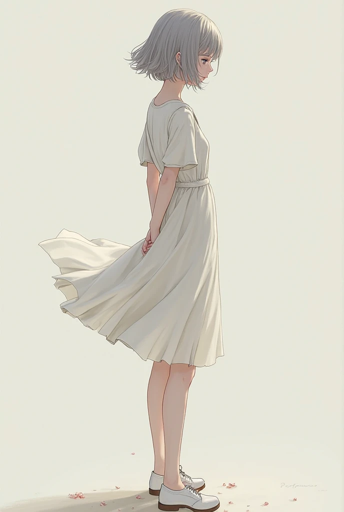 Pose standing back and holding her wrists behind her arms, Picture a layered gray-haired girl wearing white shoes and a thigh-length white dress