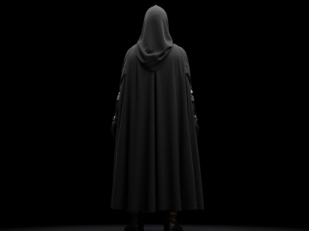 Cult Cover Set, TAMIL FALCON BACK COVER, Rear view, assassin creed style, Wear a black veil, Cool Capes,  European style , Fantasy Capes, mysterious person in the shadows, black background, images, Masterpiece, movies, clear details, 8K resolution.