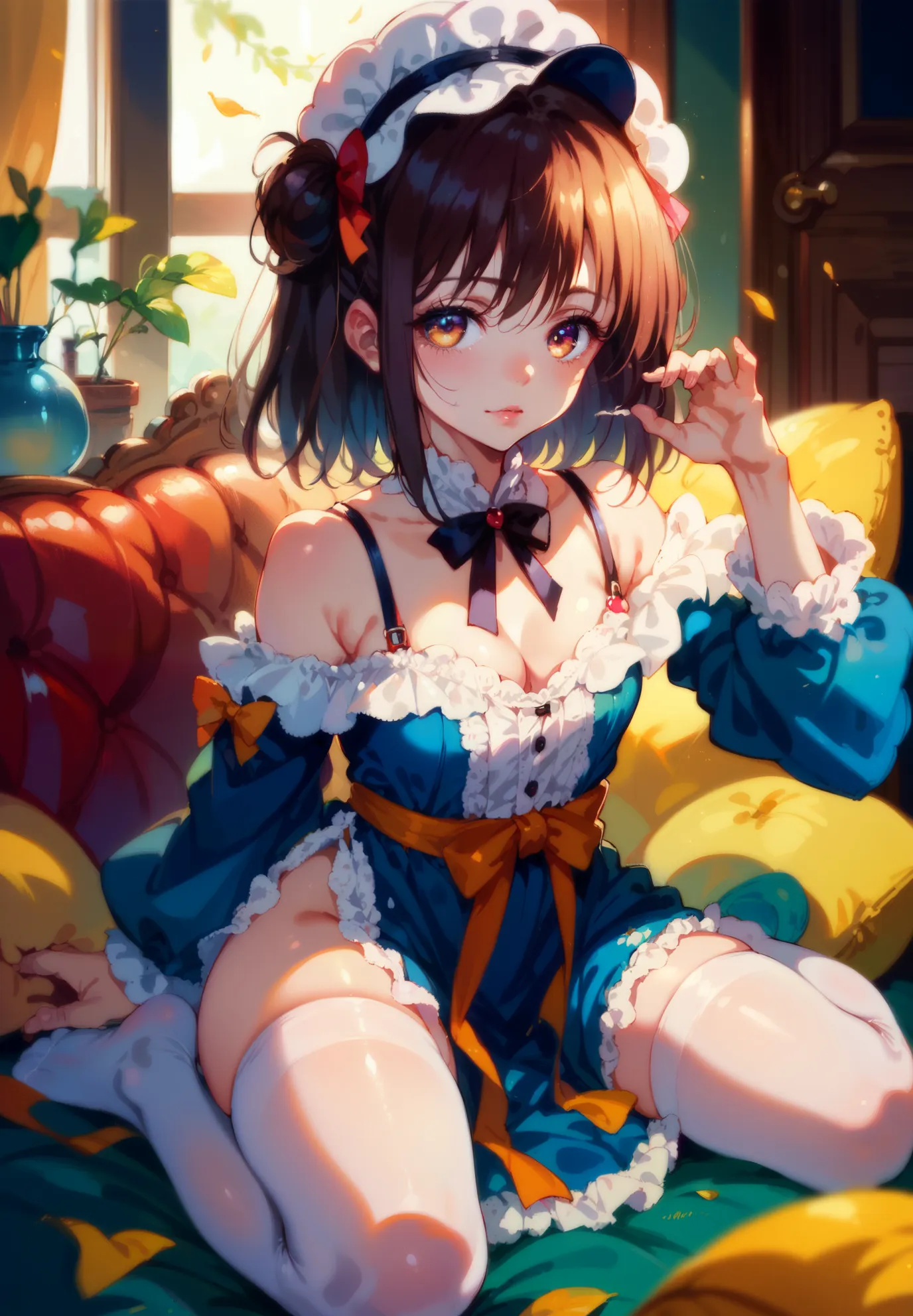 1girl, Yuuki Mikan, Tu Love Ru, brown hair, kneeling on a couch, cleavage, naturally sagging small breasts, thigh highs with ribbons, alluring pose, BREAK, night time, mountain cottage, cinematic lighting,