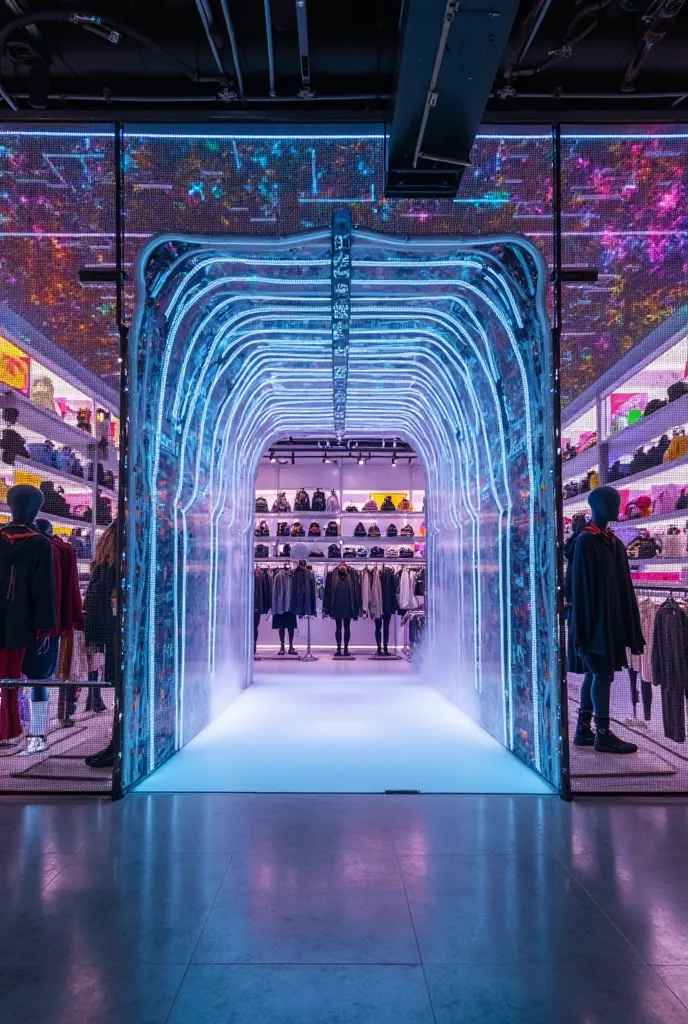 A cutting-edge streetwear store designed as an intergalactic hub, where futuristic fashion meets urban style. The storefront is covered in animated LED grids, displaying glitchy, cyberpunk-inspired visuals that respond to passersby. The entrance is shaped ...