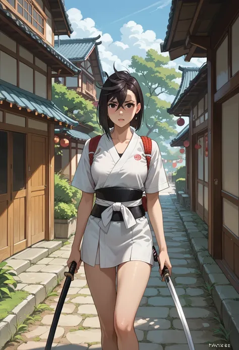 rape, Ayase Momo, 18 years old, young Japanese woman in samurai armor, black hair, holding a katana, perfect details and black eyes, walking in an old town, one girl, loud onomatopoeic speech, bright sunny morning, full-length front view