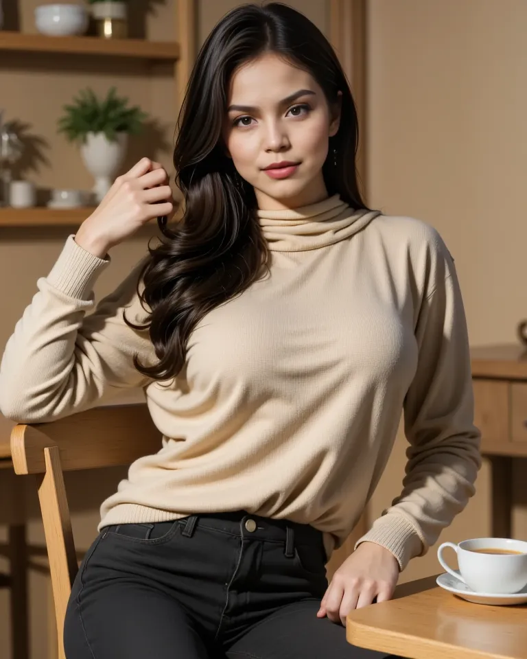  A young woman with a tall and statuesque body, standing at 5’10” (178 cm) tall, posing gracefully in a cozy café setting. She has a fair complexion and a calm, confident expression. Her body features a medium bust (C cup), a slim waist, and long, slender ...