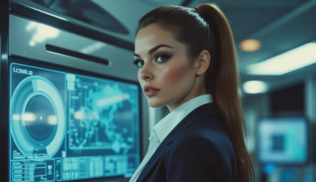 A sophisticated ground crew worker in a tailored retro-futuristic jumpsuit holds a glowing tablet displaying real-time flight data. The blue neon interface softly illuminates her perfectly sculpted cheekbones. Her sleek ponytail and sharp winged eyeliner c...