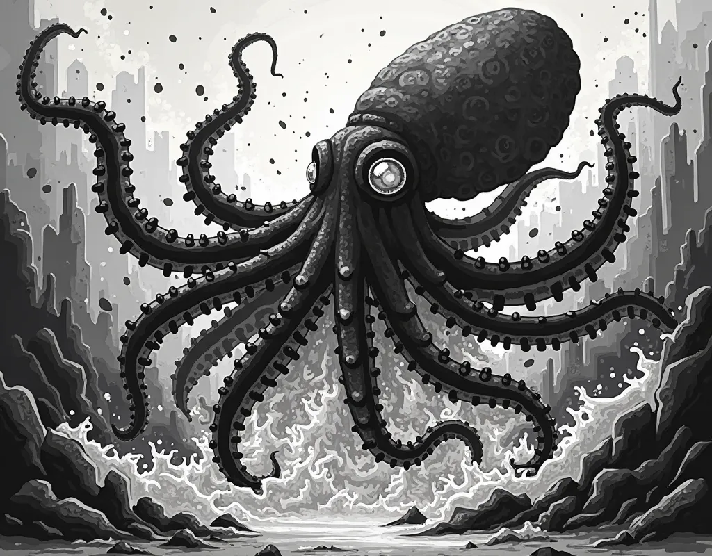 A black and white mural drawn by an ancient tribe、giant squid rampage and release large amounts of sperm、Pixel chart、high contrast design