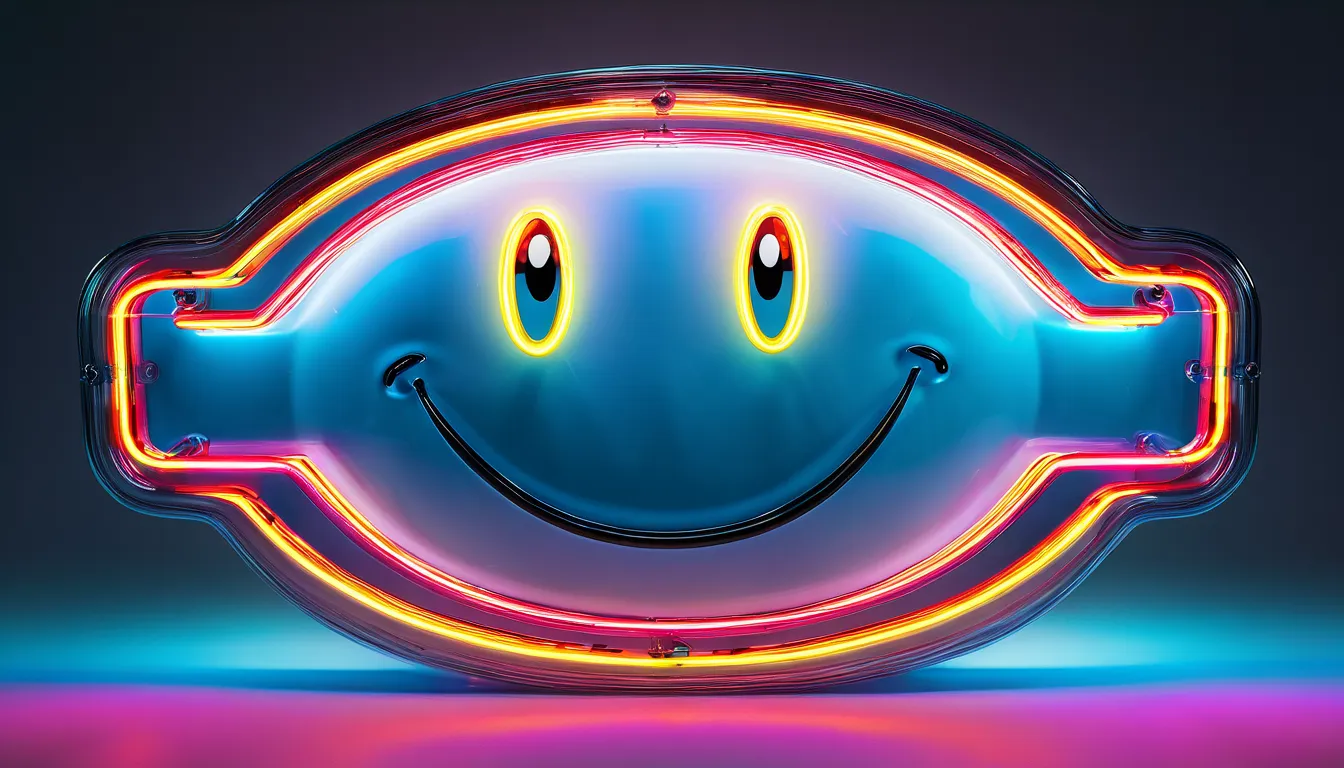 (best quality,4k,8k,highres,masterpiece:1.2),ultra-detailed,(realistic,photorealistic,photo-realistic:1.37),big smile sign,neon colors,illuminated,joyful expression,eyes shining with happiness,vibrant colors,glowing atmosphere,playful energy,excitement,dyn...