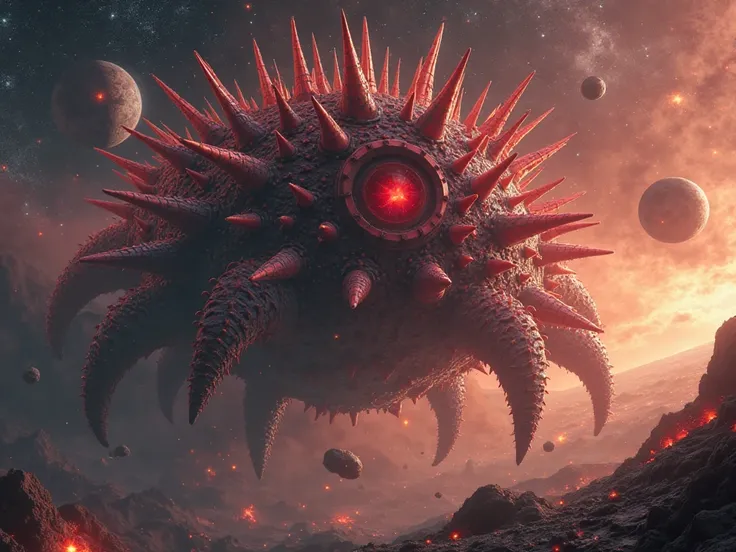 high quality,  8K Ultra HD, ". The majestic space urchin, the size of Godzilla, hovers in the limitless space of our Solar System. His massive body is covered with sharp, metal spikes, reflecting the cold light of distant stars. Red eyes glow with the flam...