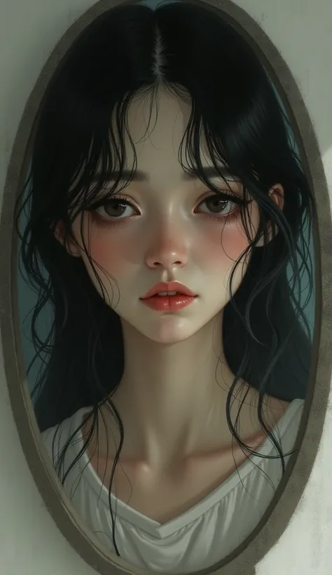 A mirror reflecting a young woman with deep dark circles, Looking down , looking at her reflection with sadness.
