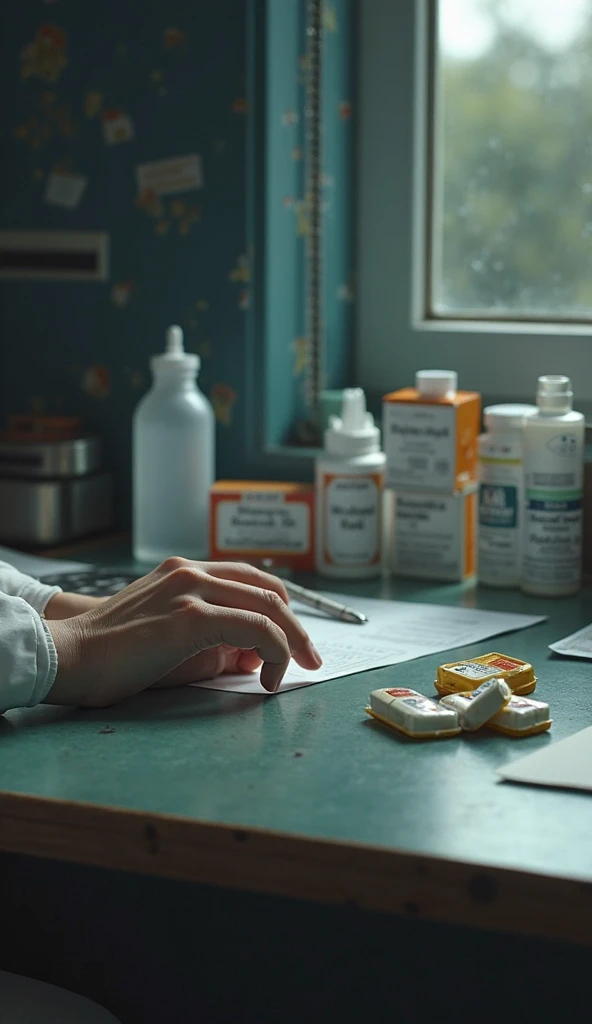 A work table with open medicine boxes, A hesitant hand placed next to it.
