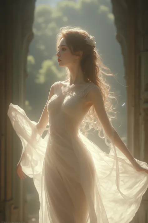 A beautiful woman with a perfect body, glowing translucent dress, dynamic pose