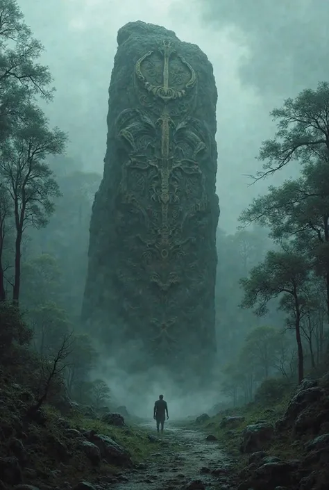 big rock in the woods, fog, with hieroglyphics, devilish