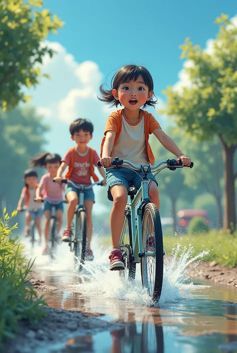 Photo of Three little Asian male ren and four little Asian female ren riding high school bikes on a waterlogged highway, their clothes are cool colors ,  Full of laughter , Pursue.Pursuean, detailed and clear faces, Sunny afternoon  