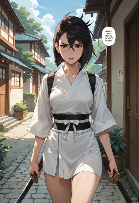 rape, Ayase Momo, 18 years old, young Japanese woman in samurai armor, black hair, holding a katana, perfect details and black eyes, walking in an old town, one girl, loud onomatopoeic speech, bright sunny morning, full-length front view