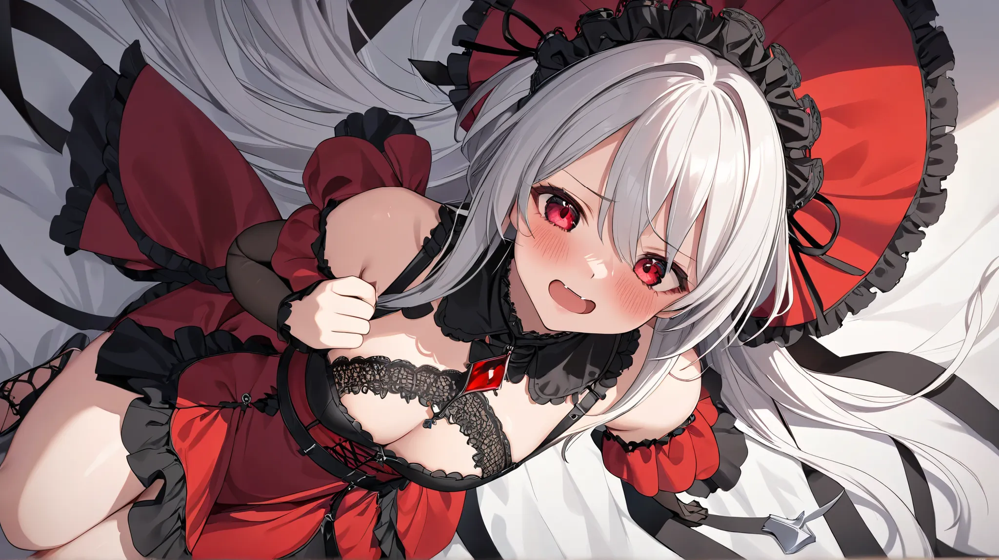 (Best Quality,  masterpiece,  super precise, Hi-Res), 8k,  Anatomically Accurate Body , Nightcore, red dress,  Gothic Maiden anime girl , White-haired goddess, beautiful charming anime woman, simple background,  face the front,  from above, beautiful face,...