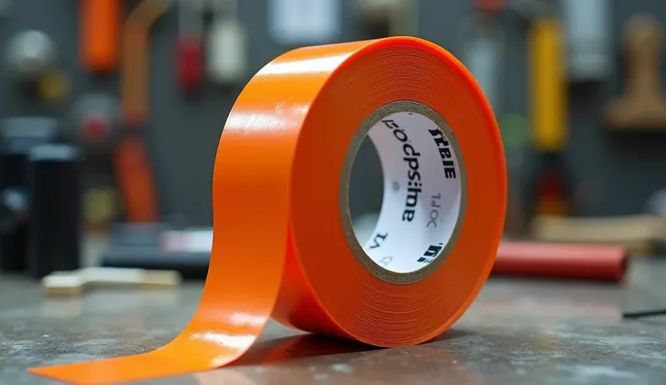 A close-up of a roll of orange electrical tape with a high-quality finish, strong adhesive, and UL certification label, displayed against a professional electrician's workspace