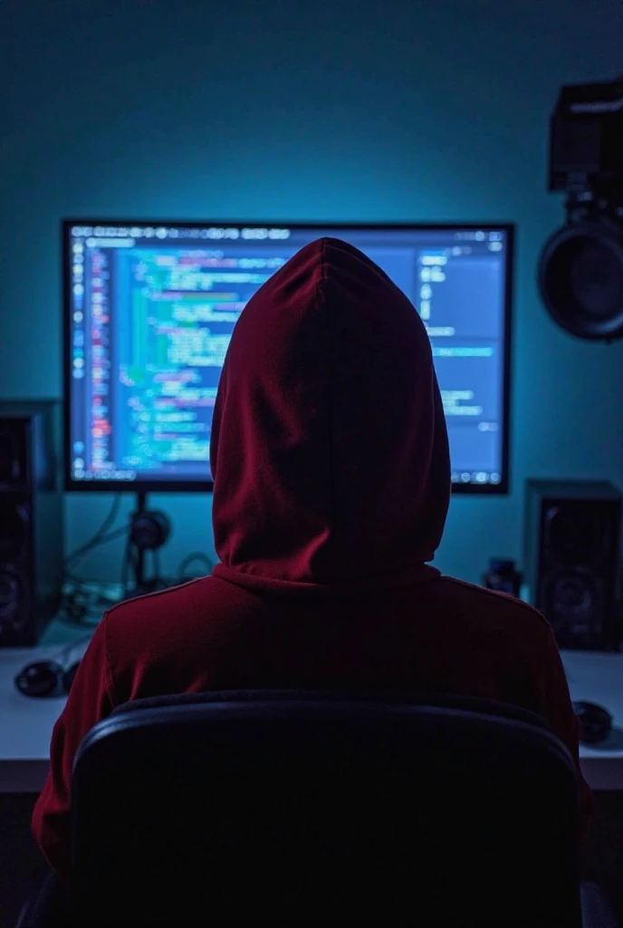 "A YouTuber is sitting facing forward in a gaming room, with a computer screen glowing behind them and gaming equipment scattered around. The hacker's face is obscured in the darkness, and they are wearing a red hoodie. The room has dim lighting, with a ta...