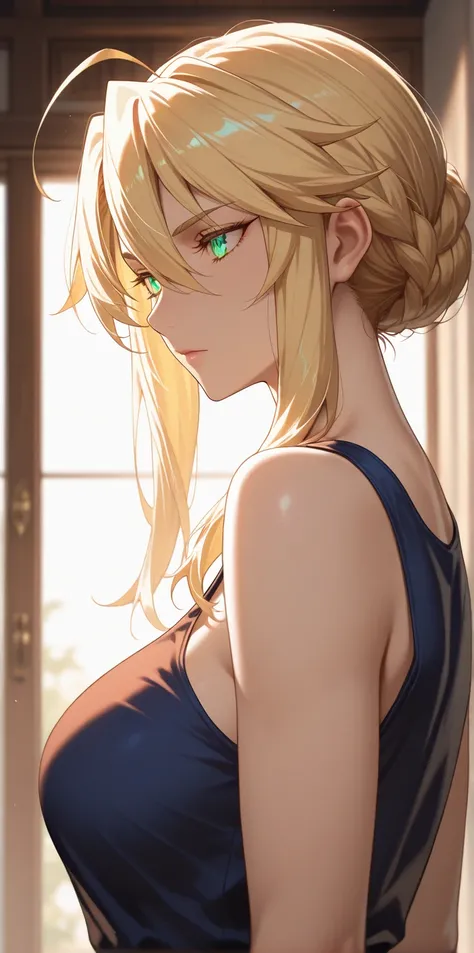 Masterpiece, very aesthetic, vibrant, high contrast, high resolution, ultra detailed, cool mature woman, artoria Pendragon (lancer), tank top, soft light, home, best quality, newest, castlevania: nocturne anime style, upper body