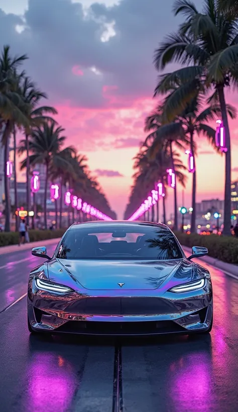 The futuristic Tesla, that doesn't exist in reality. smooth, The streamlined body with a mirrored chrome finish, signs iridescent neon blue and purple. Thin laser headlights smoothly turn into glowing lines on the sides, emphasizing the shape of the car. H...