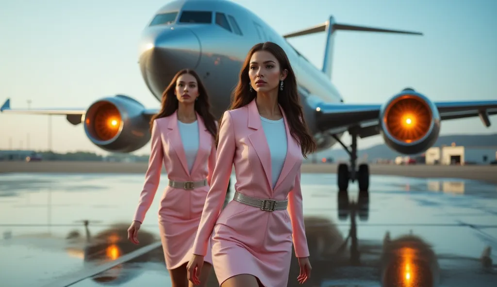 Two stylish stewardesses in contrasting pastel and chrome uniforms confidently strut down the futuristic airport runway. The sleek, aerodynamic aircraft behind them features glowing engines and an illuminated logo. The entire scene is bathed in cinematic l...