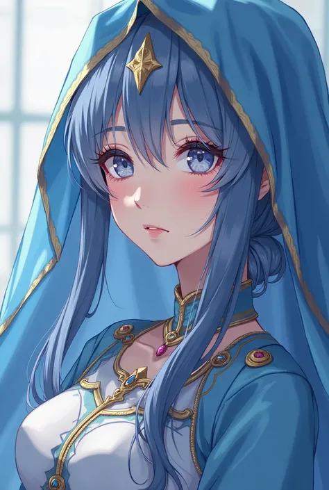 a close up of a woman in a blue dress and a veil, a character portrait inspired by Hisui Sugiura, pixiv contest winner, hurufiyya, portrait knights of zodiac girl, anime goddess, aqua from konosuba, alluring elf princess knight, female anime character, off...