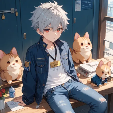 boy、 Chibi Characters、 sitting with legs extended、light gray hair、red eyes、Navy Blue Jacket、White clothes、jeans、anime style